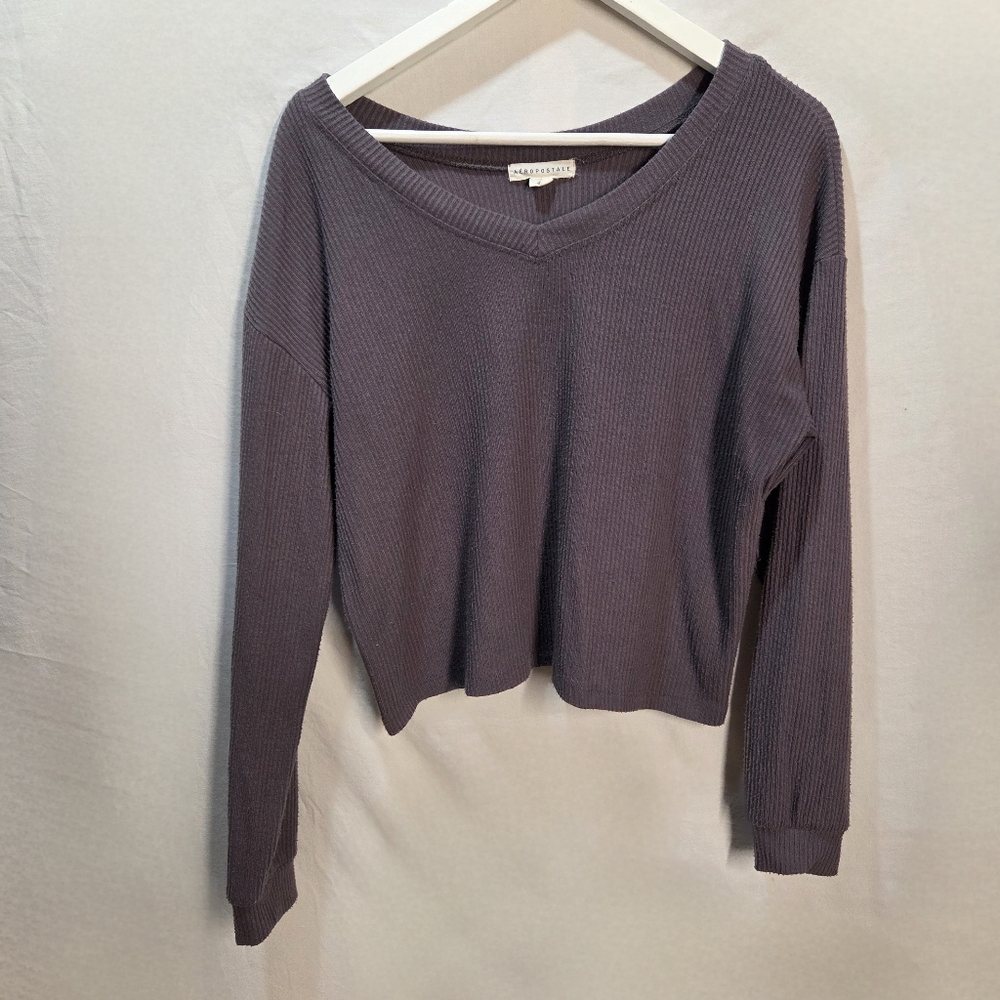 Aeropostale Sm Cropped Grey Purple Wide V Neck Oversized Lounge Long Sleeve Tee